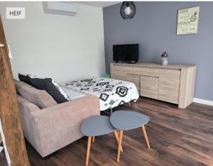 ein Wohnzimmer mit einer Couch und einem Bett in der Unterkunft Charmante maison tourangelle proche Amboise in Mosnes