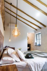 - une chambre avec un lit et un éclairage dans l'établissement Balneario Aguas de Villaharta, à Villaharta