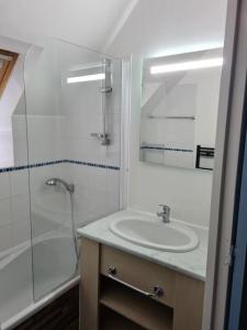 een badkamer met wastafel en douche met spiegel bij Maison de vacances in Saint-Nic