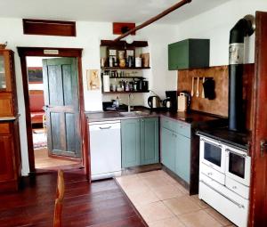 a kitchen with green cabinets and a white appliance at Altes Otto Haus in Stamsried