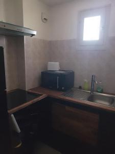 een keuken met een spoelbak en een aanrechtblad bij Chez Yves , 200 m du canal , 7 min de Golfech , parking privé et gratuit , rangement vélo fermés in Pommevic