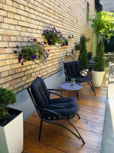 un patio con 2 sedie, un tavolo e fiori di 'MONAS' mini apartments a Sombor