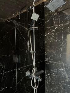 a shower in a bathroom with a black marble wall at Lomahuvila Liljevikin Lahti in Orivesi +41 photos