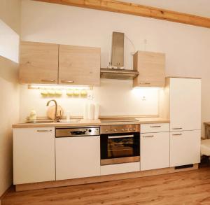 a kitchen with white cabinets and an oven at Ferienwohnung Wein-Bleibe in Großkrut