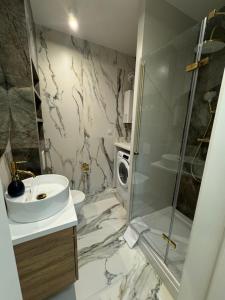 a bathroom with a sink and a shower at Zgoda 5 Apartment in Gdynia
