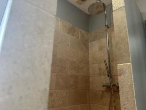 a bathroom with a shower with a shower head at La Maison du Chablisien in Chablis