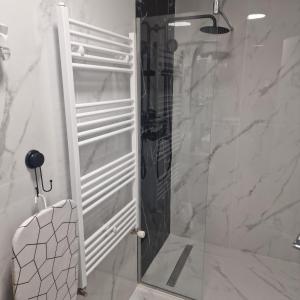 una doccia con una porta in vetro in un bagno di Pentagon Concept a Alba Iulia