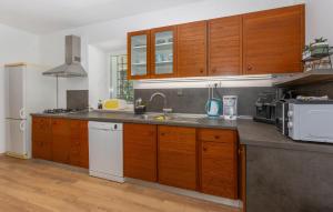 a kitchen with wooden cabinets and a white refrigerator at 1 Bedroom Nice Home In Lukezi in Lukeži