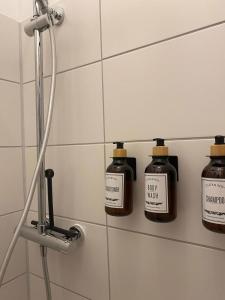 three bottles of soap on a wall in a bathroom at Cozy City Oasis Central & Near Fairgrounds in Frankfurt/Main +8 photos