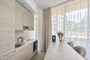 a kitchen with a counter with a sink and a large window at Home In 2 in Druskininkai