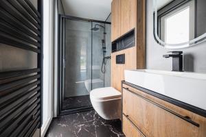 a bathroom with a toilet and a sink and a shower at 'Relax Lodge Sea' - Wellness lodge in Zeeland - Private Sauna - Airco - Garden - Outdoor Swimming pool - Free Wifi, Towels & Bed linen in Heinkensand