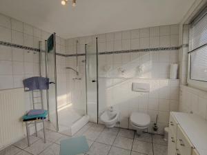 a bathroom with a shower and a toilet and a sink at Thiessen - Ferienwohnung mit sonnigem Balkon in Silberstedt +16 photos