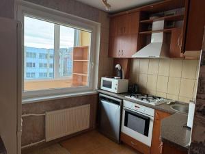 a kitchen with a stove and a microwave and a window at Spacious&cozy south apartment in Šiauliai