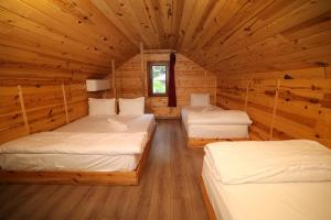 a room with two beds in a log cabin at TUVA VİLLA Bungalov in Çamlıhemşin