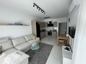 a living room with a couch and a kitchen at Luksusowy Apartament in Jaworzno