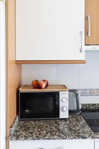 a microwave oven with two apples on top of it at BaruHaus piscina y parking Rianxo 1 in Rianjo +13 photos