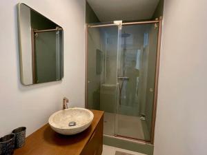 a bathroom with a sink and a shower at Jolie maison avec jardin a 100m de la plage in Étretat