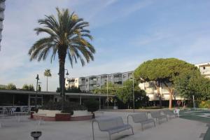 Un patio con sillas y una palmera y un edificio. en Spacious apartment in Cabrera de Mar with sea view, en Cabrera de Mar