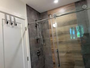 una doccia con una porta in vetro in un bagno di Davi's Lake House a Torrance Altre 64 foto