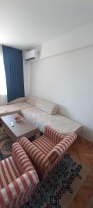 un salon avec un canapé et une table basse dans l'établissement Vintage Apartman, à Strumica