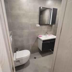 a bathroom with a toilet and a sink and a mirror at Moriya in Batumi