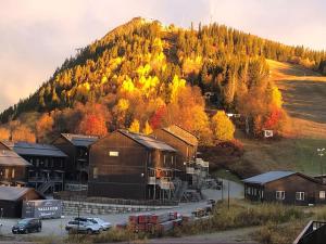 フネスダーレンにあるFunäsdalsfjällen för skidor, cykel, vandring och fiskeの秋の木々が生い茂る山のある小さな町