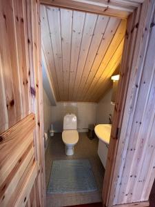 La salle de bains en bois est pourvue de toilettes et d'un lavabo. dans l'établissement Mökki Levillä palveluiden lähellä, à Kittilä 6 autres photos
