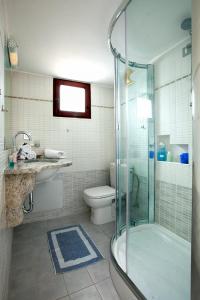 a bathroom with a shower and a toilet and a sink at Giorgi's Blue Apartments in Kalathas