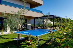 a blue ping pong table in front of a building at Villa Pieron&Bavigo with Pool, Jacuzzi and Sauna in Marčana
