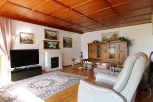 a living room with a tv and a couch and a fireplace at Gästehaus Sonnenheim, Friedenweiler, Titisee in Friedenweiler