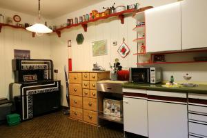 a kitchen with a stove and a microwave at Gästehaus Sonnenheim, Friedenweiler, Titisee in Friedenweiler +17 photos