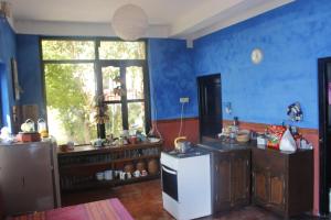 una cucina con pareti blu e frigorifero bianco di Siddhartha Garden Ayurveda a Pokhara