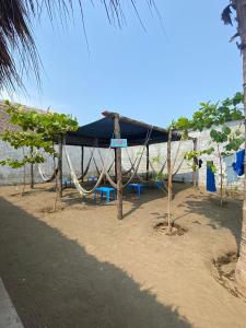 ein Zelt mit Hängematte und Stühlen am Strand in der Unterkunft Playa de la Fuente in El Paredón Buena Vista