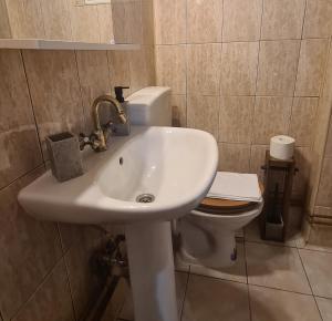 a bathroom with a white sink and a toilet at Cozy studio in noble house main square in Cluj-Napoca