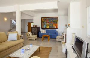 ein Wohnzimmer mit Sofa und Fernseher in der Unterkunft Luxury Villa With Special Sea Views in Meneou