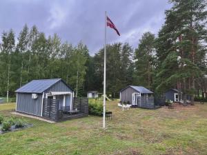 a group of cottages with a flag in the yard at Pussala Latgalē in Ezerukiņi
