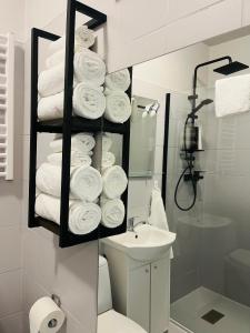 a bathroom with a toilet and a rack of towels at Apartament ogrodowy in Miechów