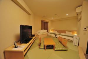 a hotel room with a television and a bed at Dormy Inn Express Koriyama in Koriyama