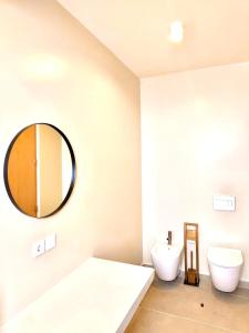 a bathroom with a toilet and a mirror at Stylish Lagoon Paradise Apartment Boa Vista in Sal Rei