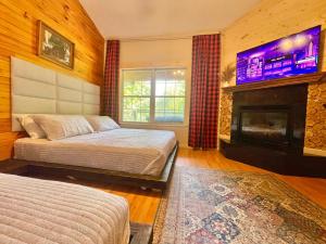 a bedroom with a bed and a fireplace and a tv at Dancing Bear in Sevierville