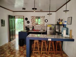 a kitchen with a blue island in the middle at Casa Cristy in Puerto Viejo
