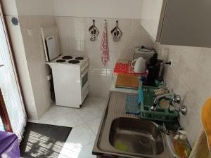 a small kitchen with a sink and a stove at Apartmani Ana Schon in Cres