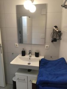 a bathroom with a sink and a mirror at Ferienwohnung Gergert Nr 5 in Löwenstein +36 photos