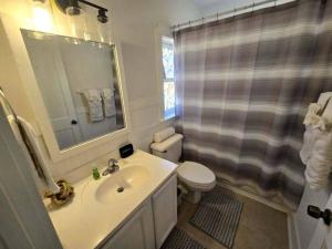a bathroom with a sink and a toilet and a shower at Cedar Street Retreat - Unit B in St. Augustine