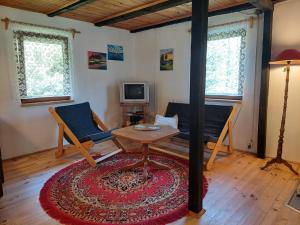 a living room with a table and a couch at Domek nad jeziorem, łódka, kajak in Zalewo