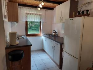 a kitchen with a white refrigerator and a window at Domek nad jeziorem, łódka, kajak in Zalewo