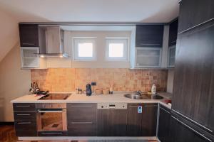 a kitchen with gray cabinets and a sink and a window at Siera's Apartment in Prishtinë