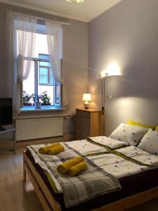 a bedroom with two beds and a window at Riga Central District, Тихий Центр города, всё под боком, удобно in Rīga