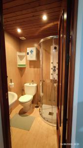 a bathroom with a toilet and a glass shower at Estudio Santa Catarina in Málaga