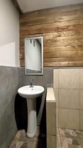 une salle de bains avec un lavabo blanc et un miroir dans l'établissement Angin Mamiri Rinjani Cottages And Restaurant, à Senaru